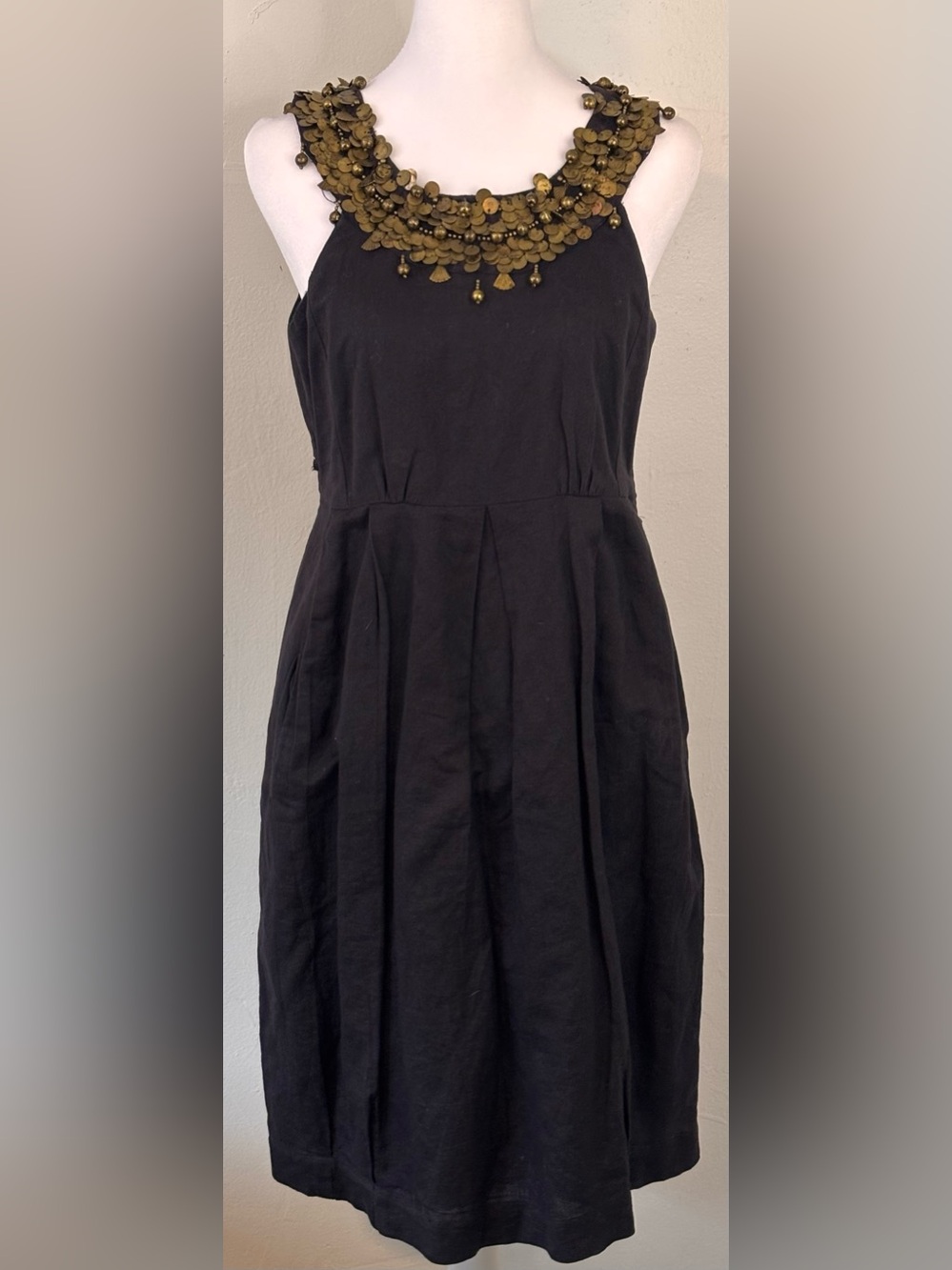 🌸 Remark Bohemian Black Linen-Blend Sheath Dress Metallic Beaded Collar Medium